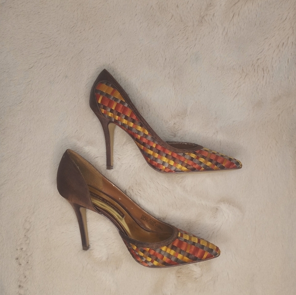 Chinese Laundry North D'Orsay Chocolate Brown Gold Orange Woven Boho Silk Heel - Picture 3 of 7